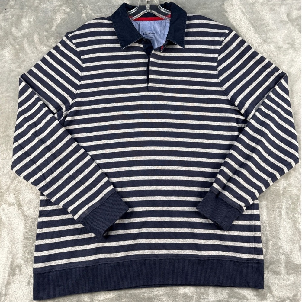 LL Bean Mens Large Rugby Shirt Long Sleeve Striped Navy Blue Gray Cotton Regular